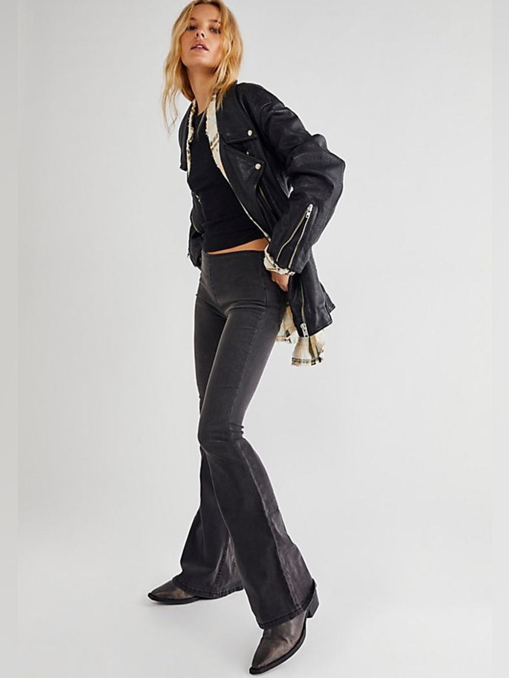 NWT Free People We The Free Penny Pull-On Flare Jeans Black Retro High Rise
